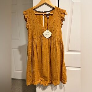Knox Rose Womens Eyelet Babydoll Dress S Mustard Yellow Sleeveless Cotton Boho
